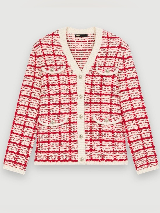 Maje Sweaters - Maje Two-Tone Tweed-Effect Knit Cardigan Red Cream Metallic Size 1